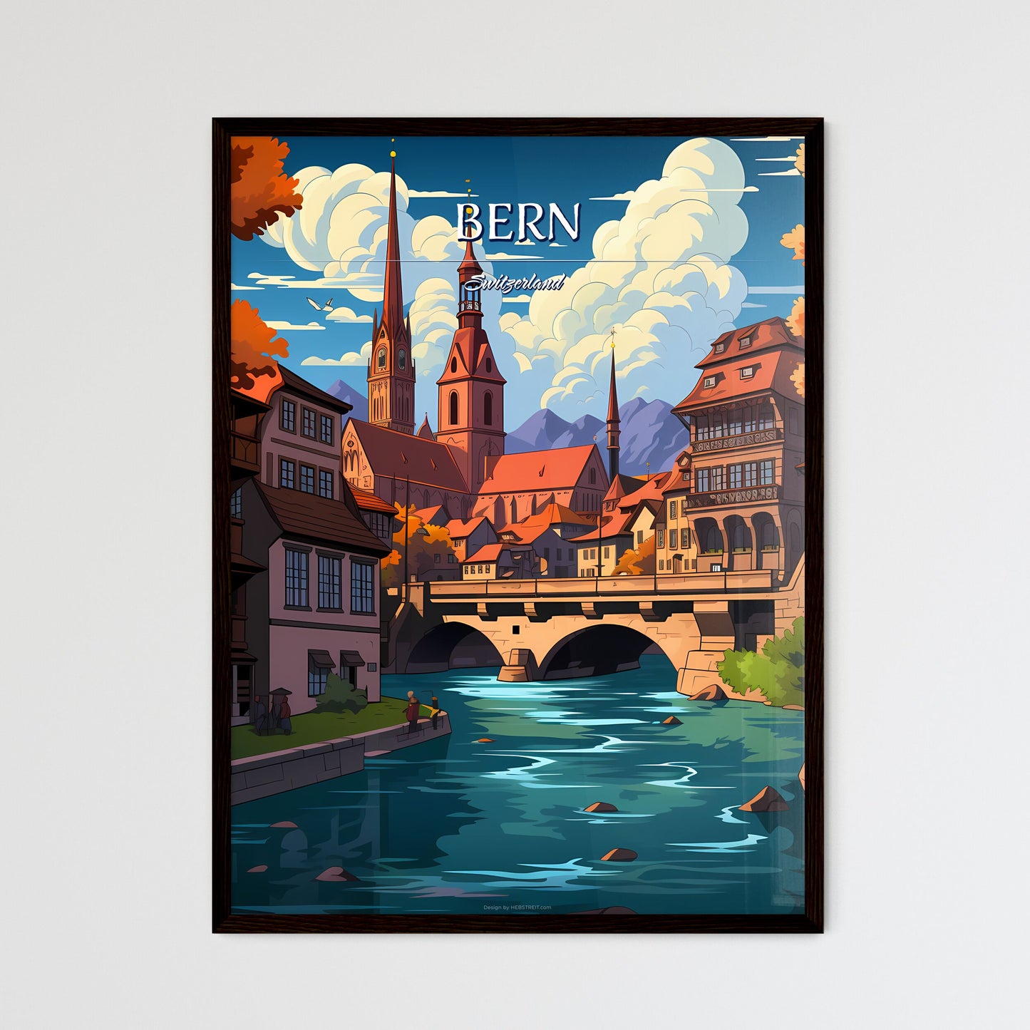 Bern, Switzerland - Art print of a river with a bridge and buildings Framed Art