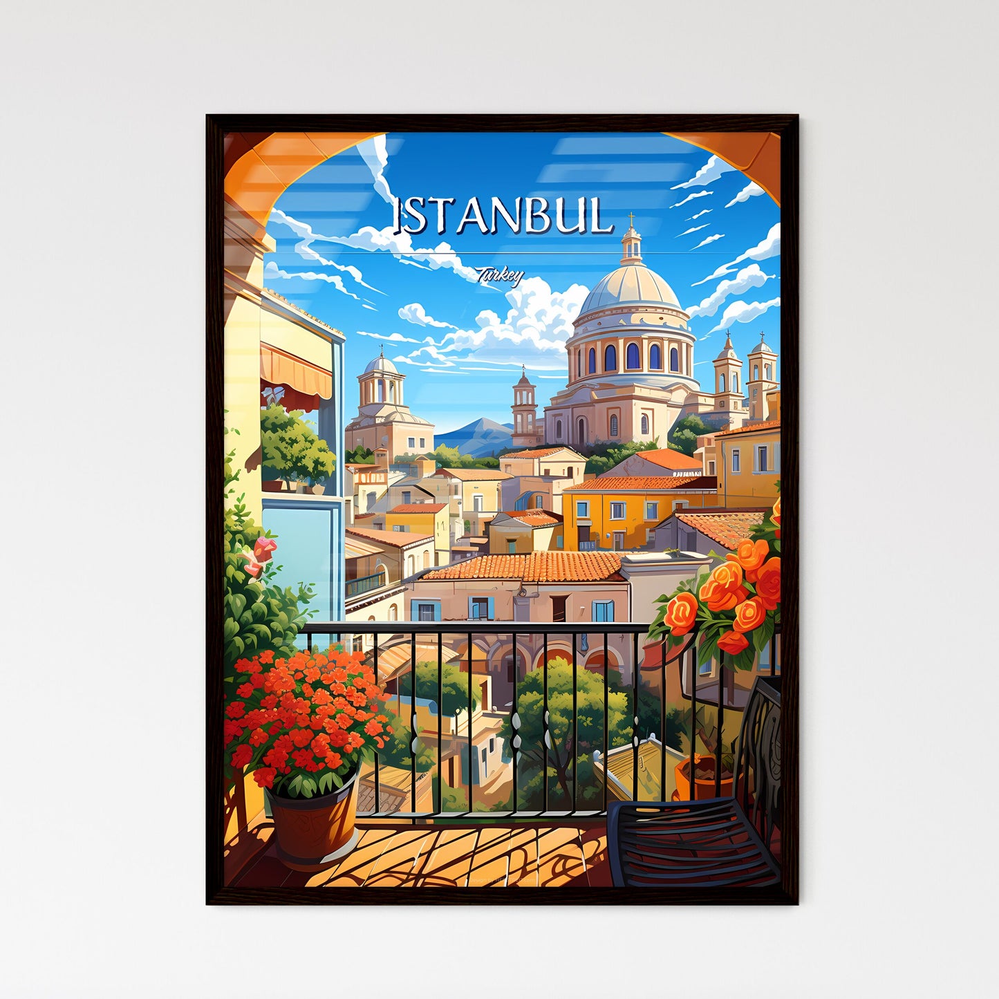 Istanbul, Turkey - Art print of a balcony with a view of a city Framed Art