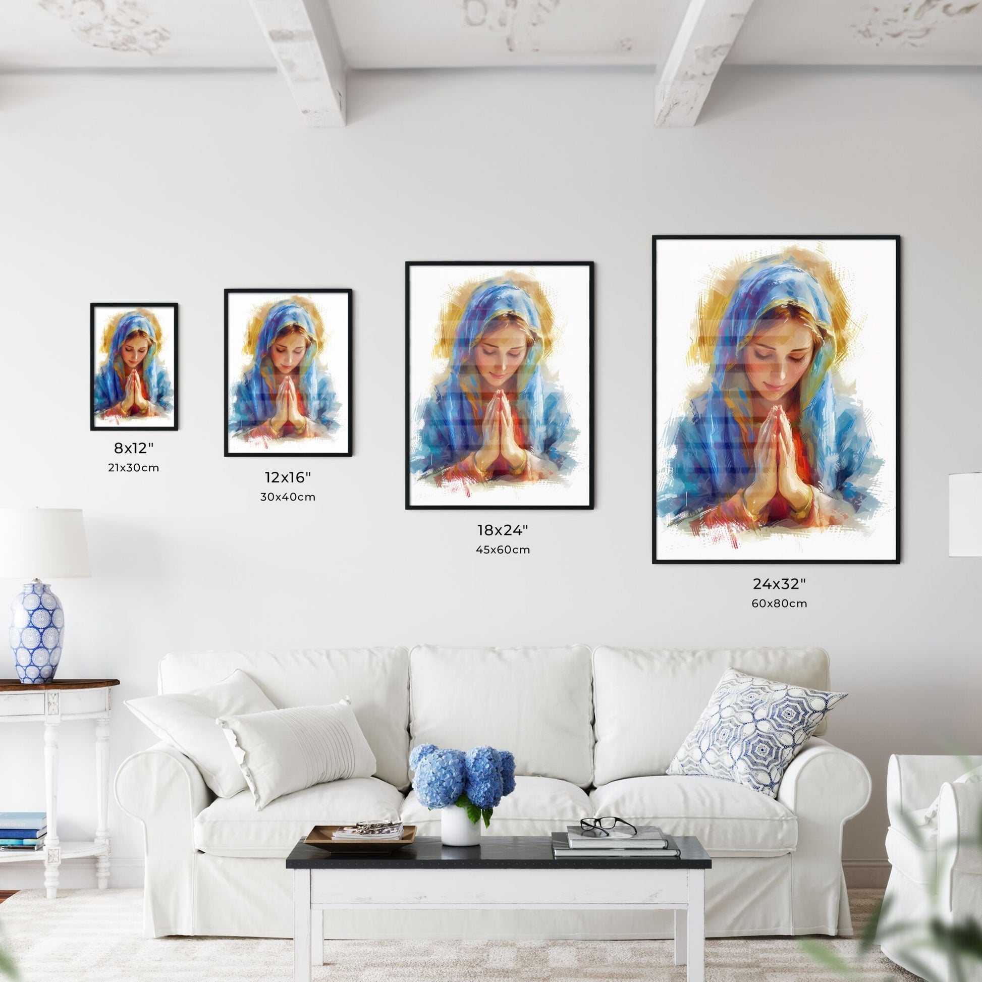 Mary Mother of God Poster, halo above her head, hands in praying sign - Art print of a woman with a blue head scarf praying Default Title