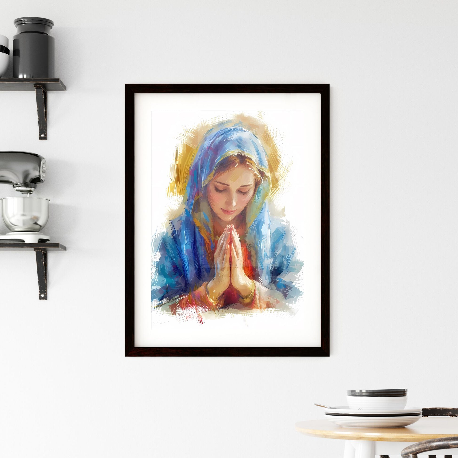 Mary Mother of God Poster, halo above her head, hands in praying sign - Art print of a woman with a blue head scarf praying Default Title