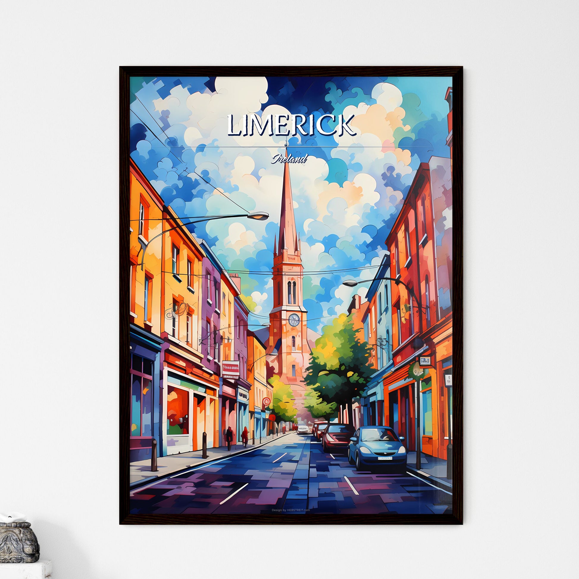 Limerick, Ireland - Art print of a street with cars and a church tower Framed Art