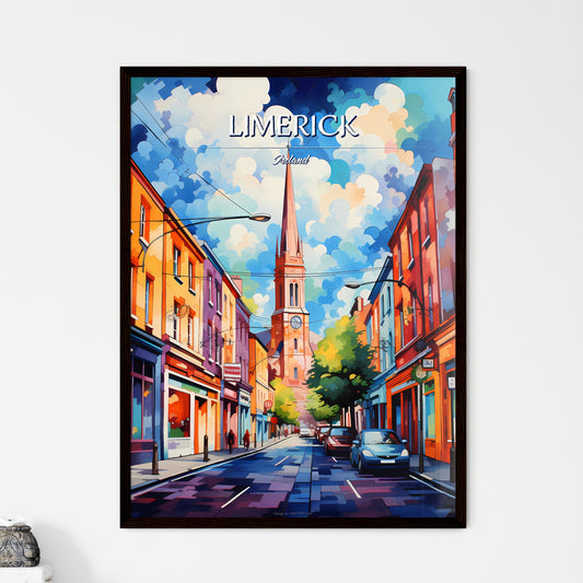 Limerick, Ireland - Art print of a street with cars and a church tower Framed Art
