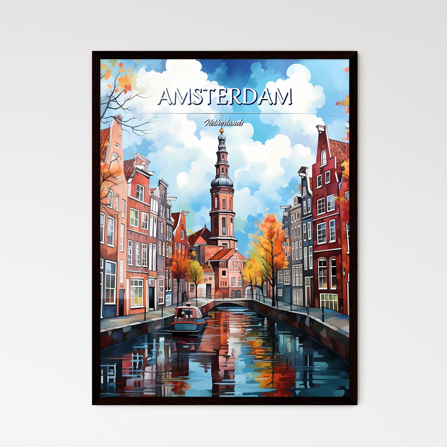 Amsterdam, Netherlands - Art print of a canal with a boat in it Framed Art