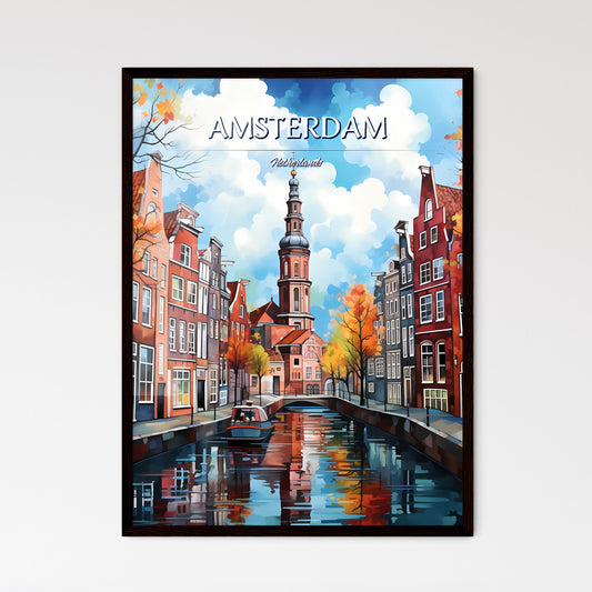 Amsterdam, Netherlands - Art print of a canal with a boat in it Framed Art
