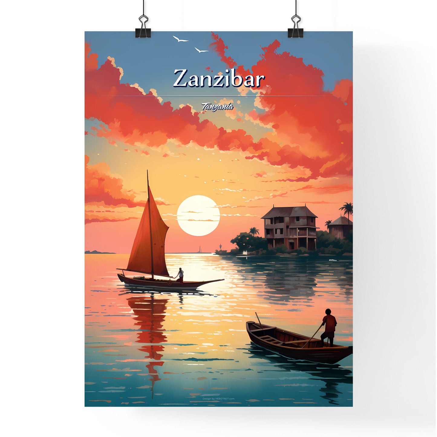 Zanzibar, Tanzania - Art print of a couple of boats on a lake with a house in the background Default Title