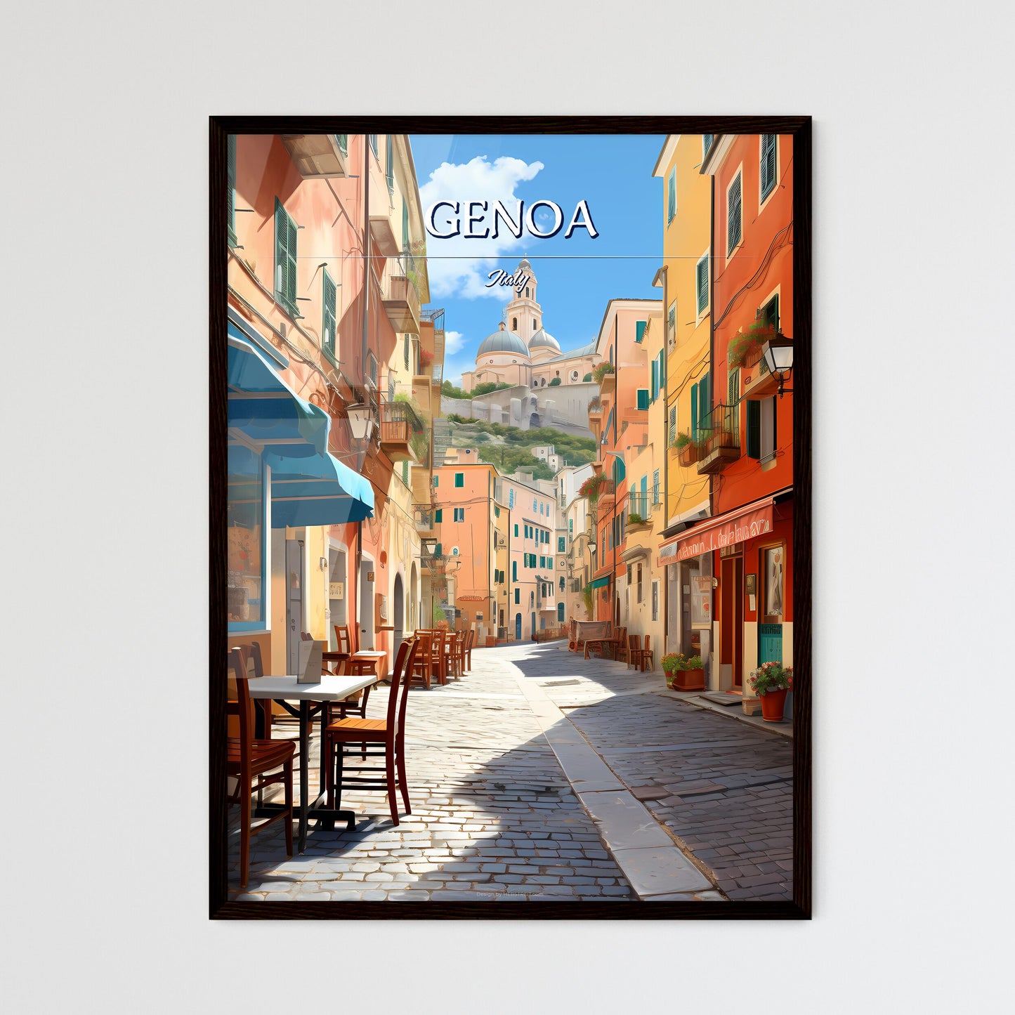 Genoa, Italy - Art print of a street with tables and chairs in a city Framed Art