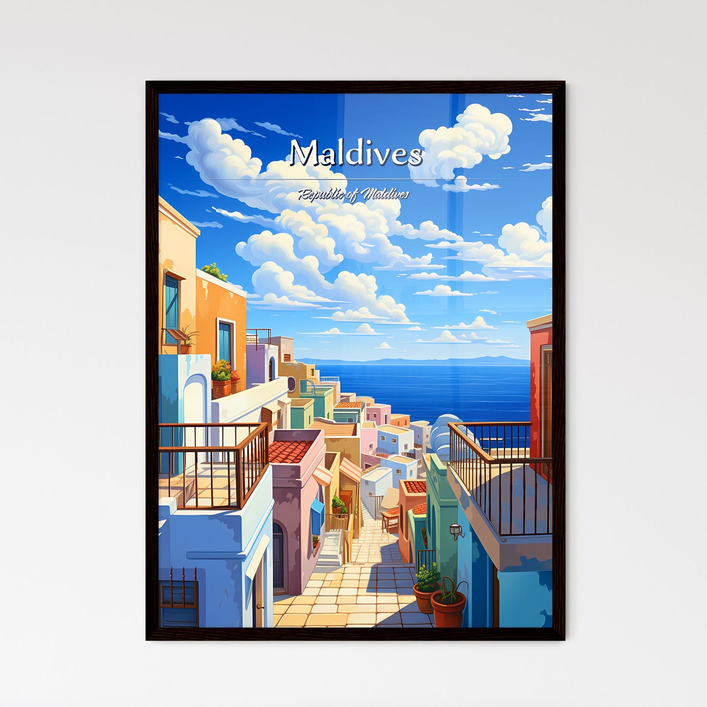 On the roofs of Maldives, Republic of Maldives - Art print of a colorful buildings with a walkway over the water Framed Art