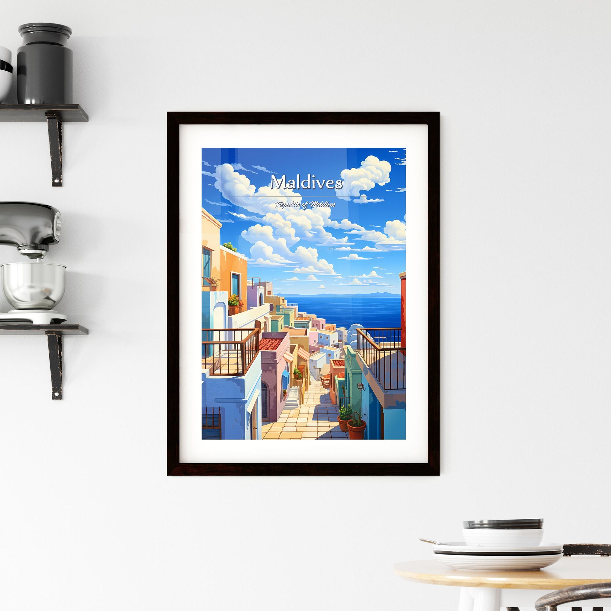 On the roofs of Maldives, Republic of Maldives - Art print of a colorful buildings with a walkway over the water Default Title