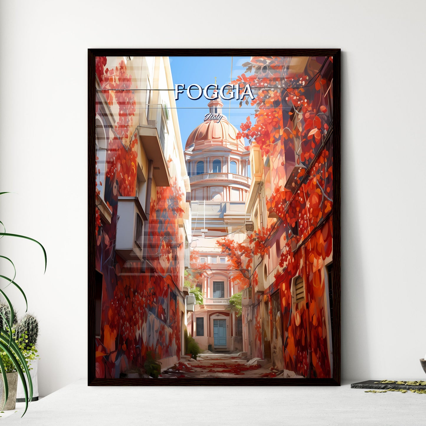 Foggia, Italy - Art print of a street with colorful buildings and a dome Framed Art