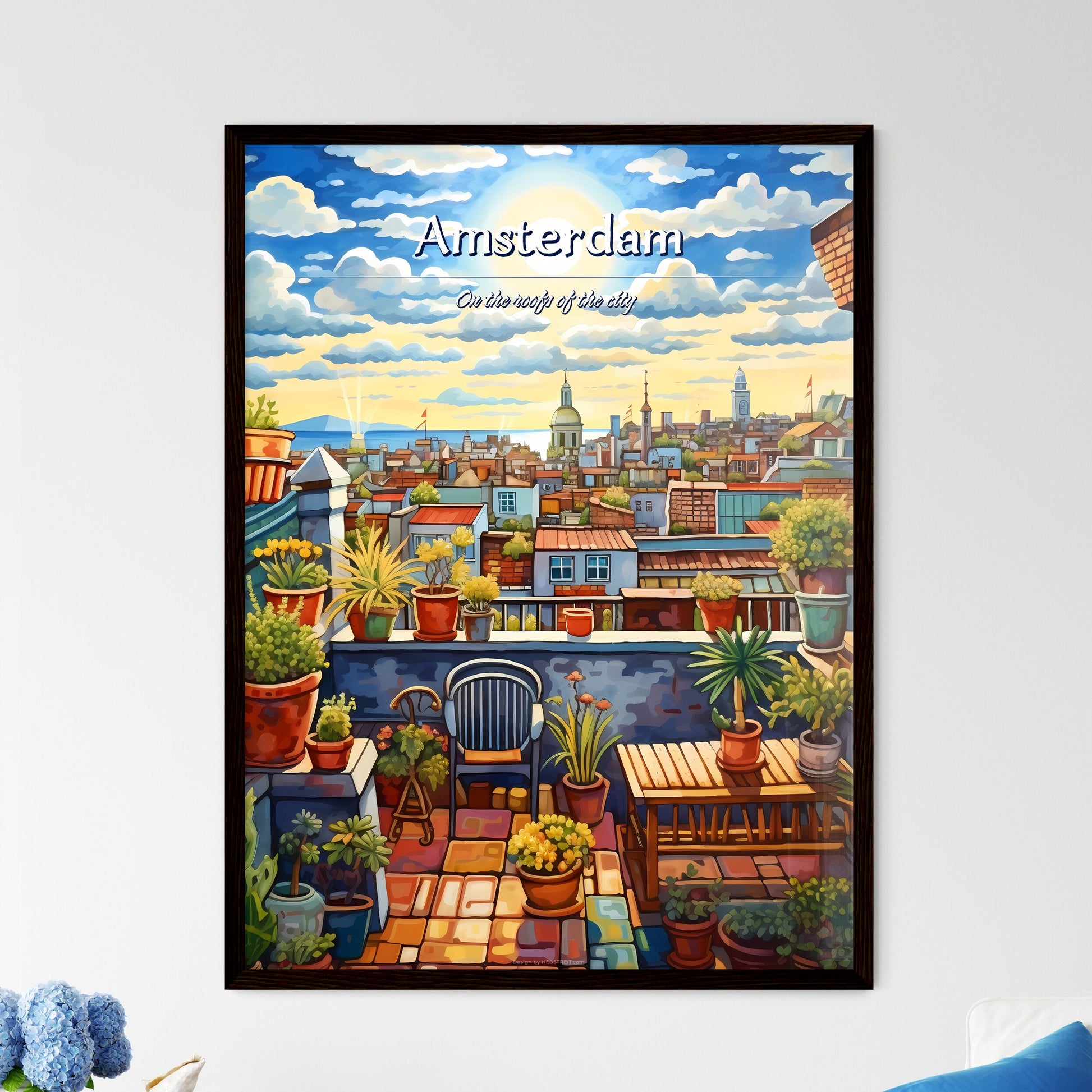 On the roofs of Amsterdam - Art print of a painting of a rooftop garden with plants and a city in the background Framed Art