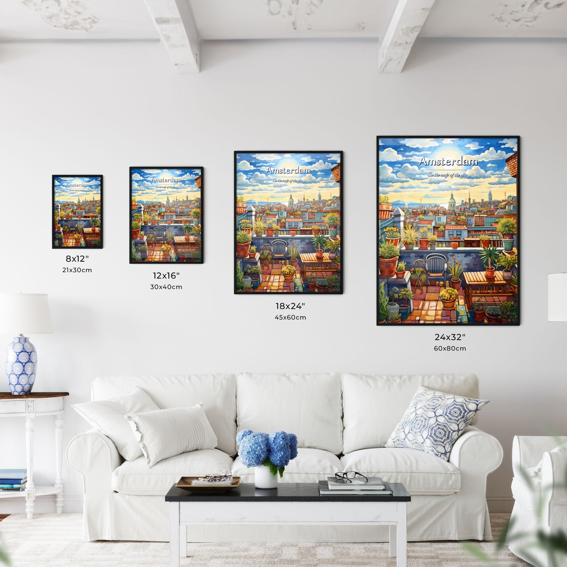 On the roofs of Amsterdam - Art print of a painting of a rooftop garden with plants and a city in the background Default Title