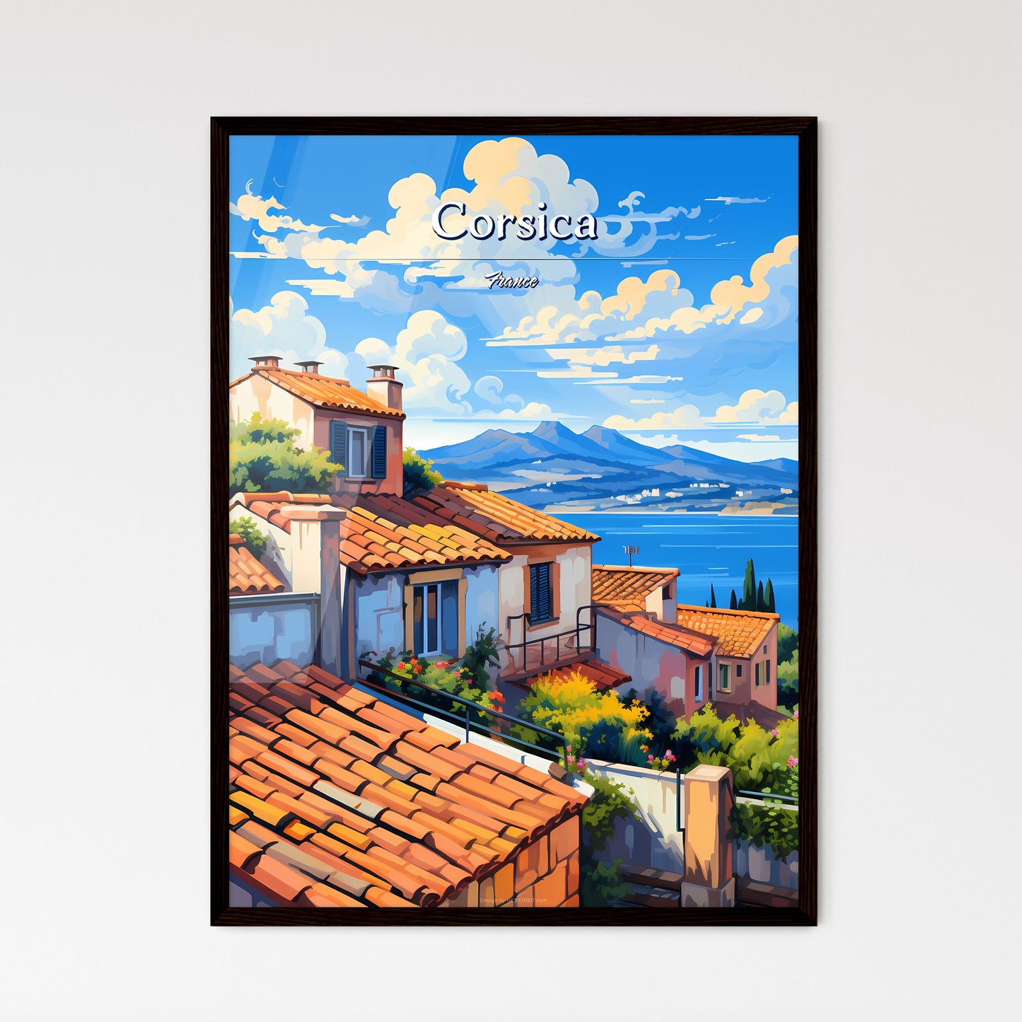 On the roofs of Corsica, France - Art print of a group of houses with trees and plants by a body of water Framed Art