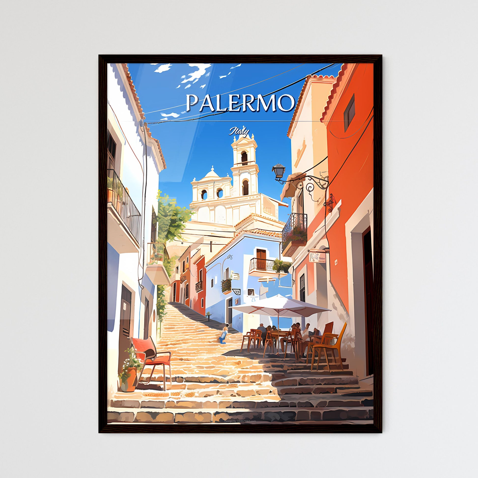 Palermo, Italy - Art print of a street with stairs and tables and chairs Framed Art