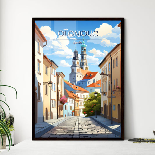 Olomouc, Czechia - Art print of a street with buildings and a tower Framed Art
