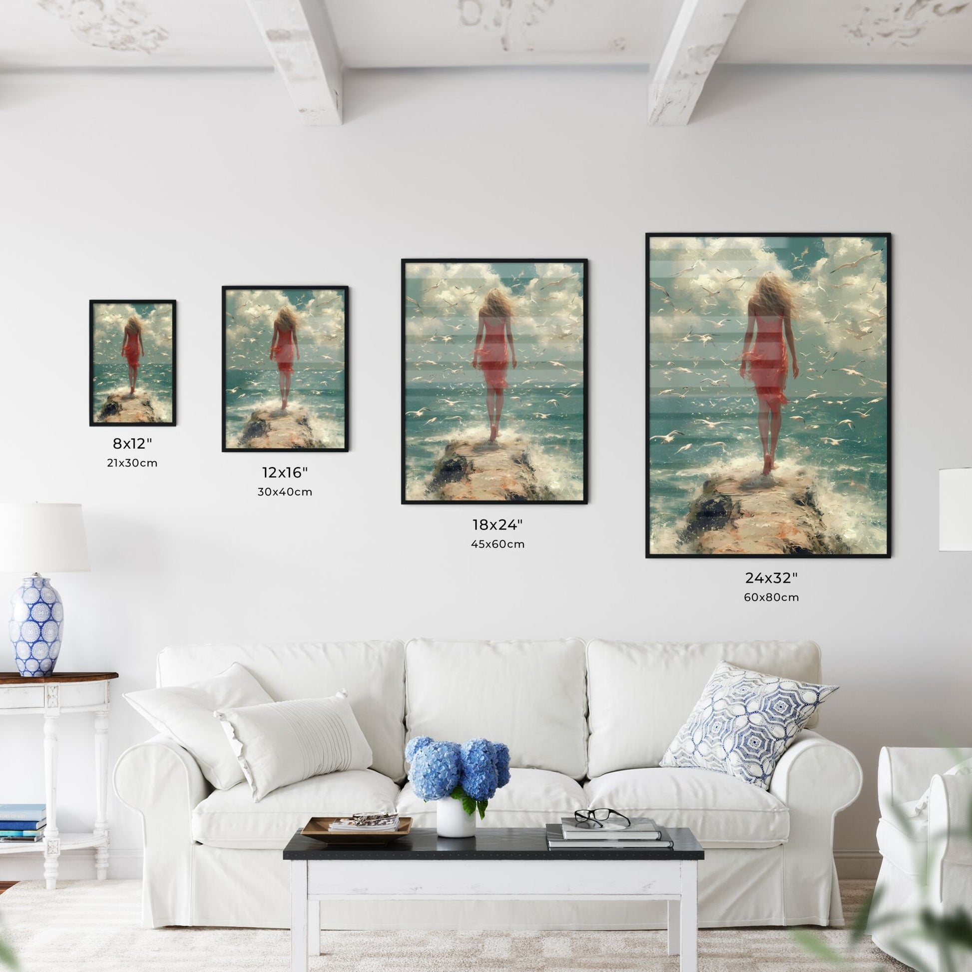 A Poster of Beach Painting, Vintage Sea Landscape Print - A Woman In A Red  Dress Standing On A Rock Surrounded By Seagulls by HEBSTREIT