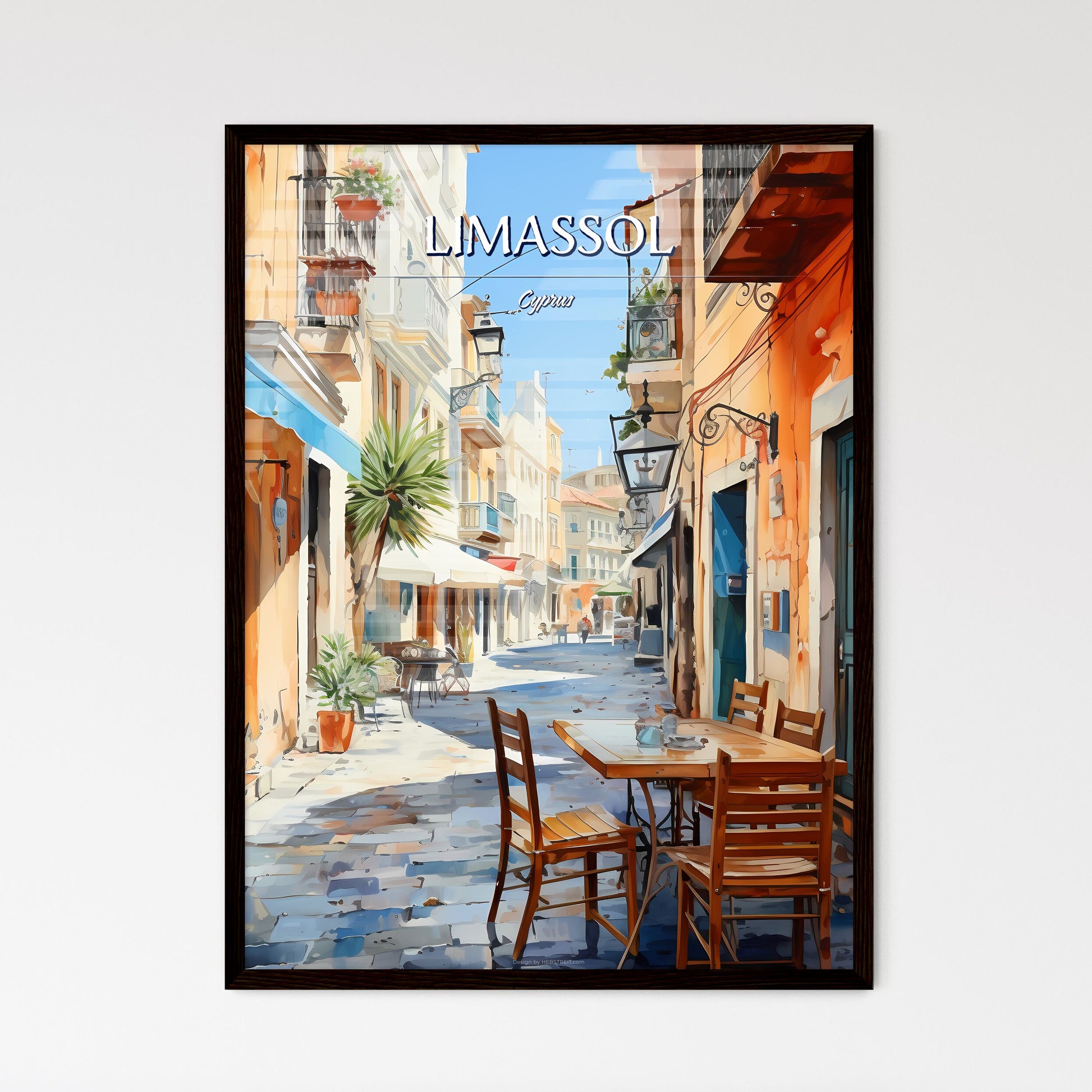 Limassol, Cyprus - Art print of a table and chairs in a street Framed Art