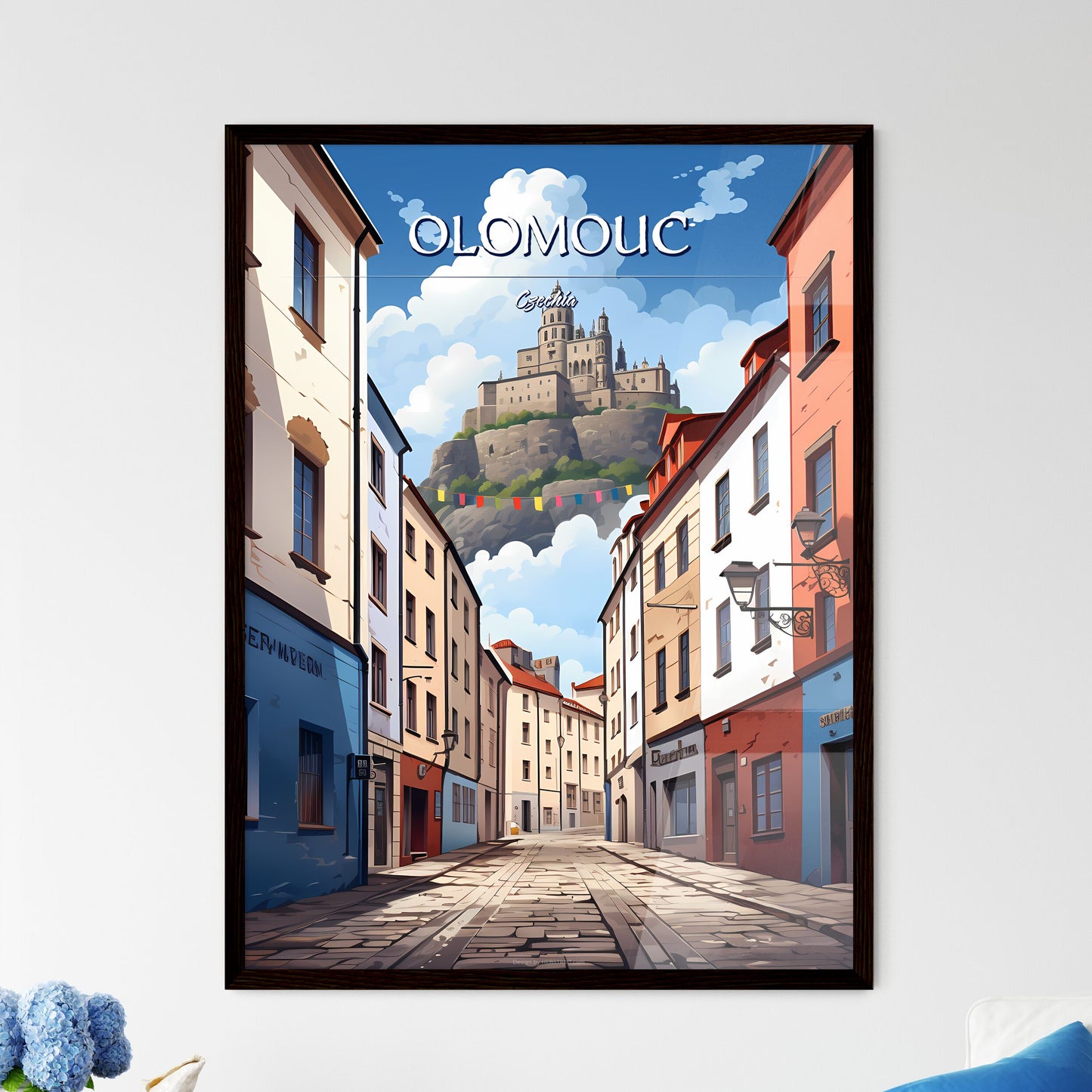 Olomouc, Czechia - Art print of a street with buildings and a castle in the distance Framed Art