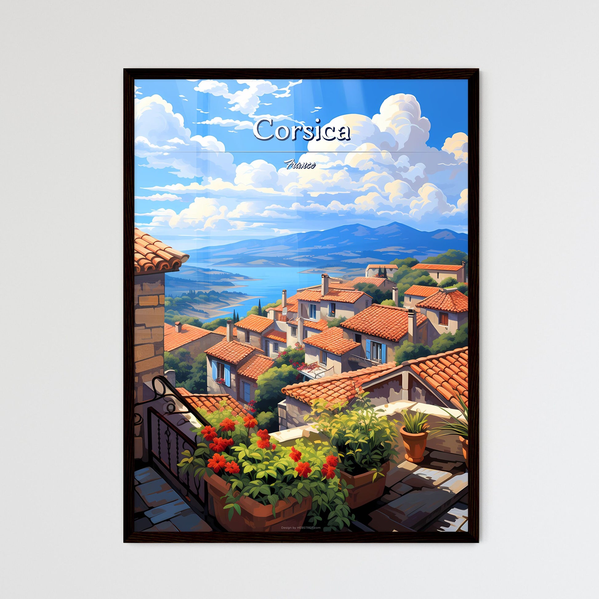 On the roofs of Corsica, France - Art print of a landscape of a village with a lake and mountains Framed Art