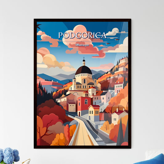 Podgorica, Montenegro - Art print of a colorful landscape with a building and trees Framed Art