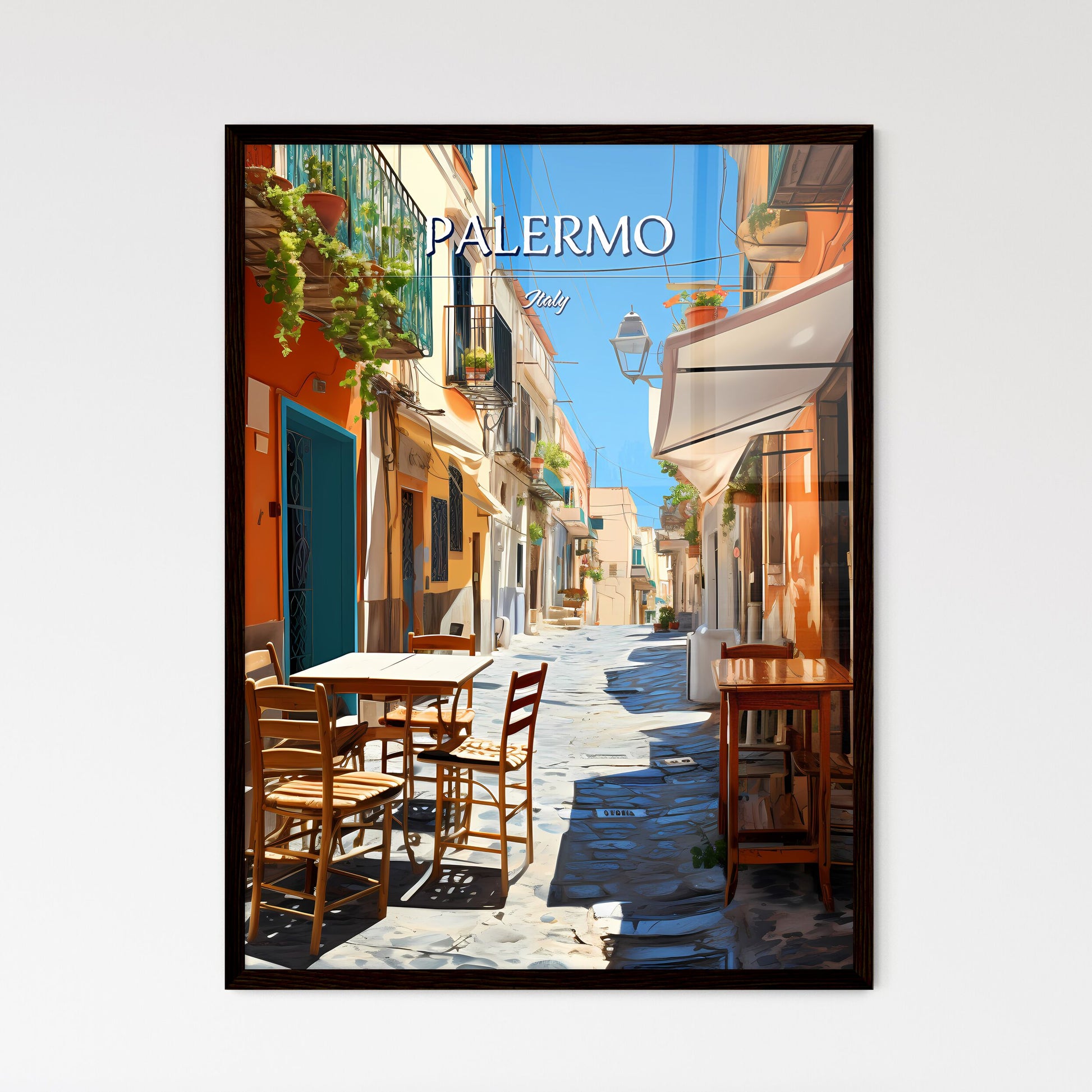 Palermo, Italy - Art print of a street with tables and chairs Framed Art