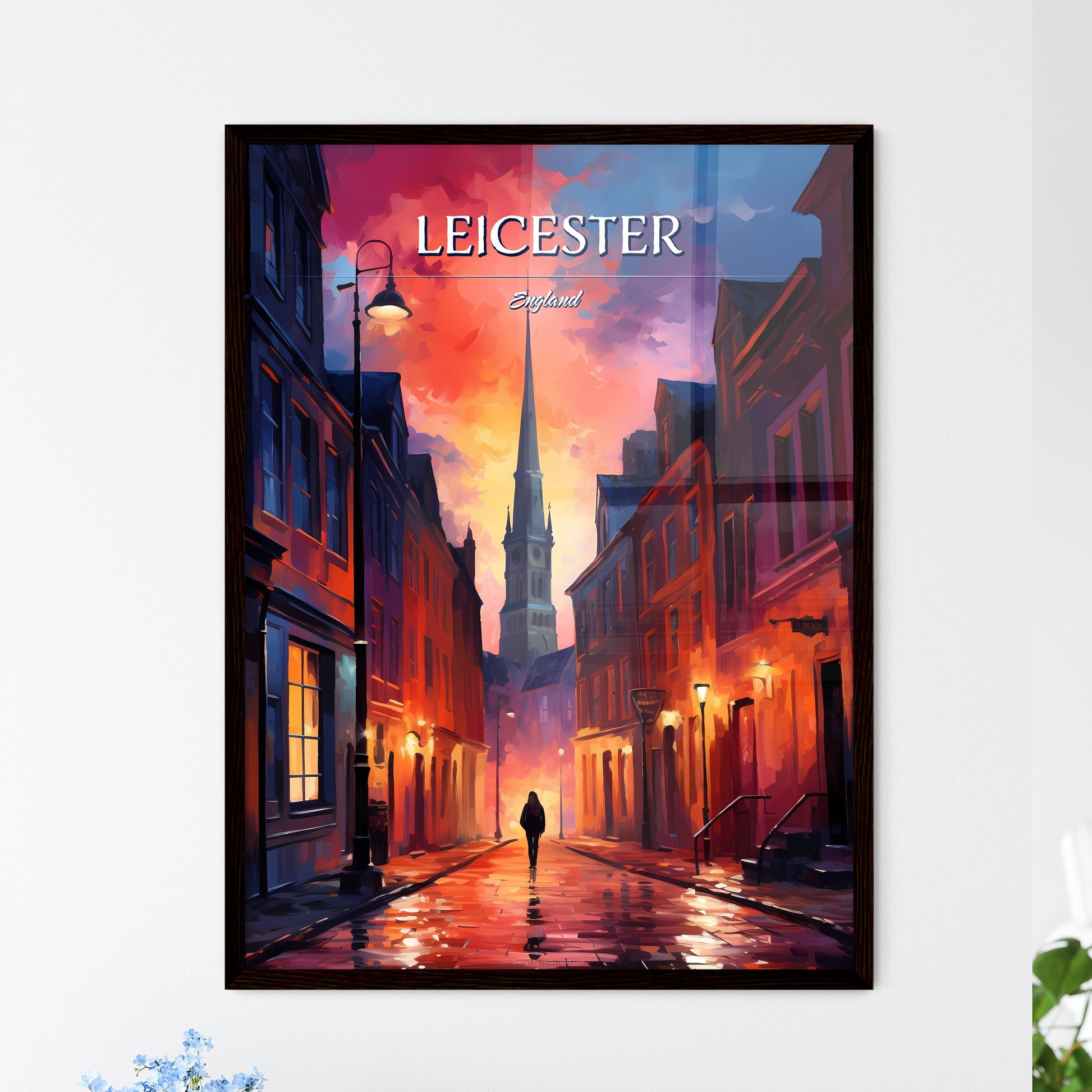Leicester, England - Art print of a person walking down a street with a tall tower in the background Framed Art