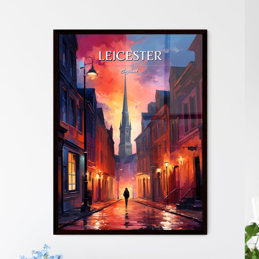 Leicester, England - Art print of a person walking down a street with a tall tower in the background Framed Art