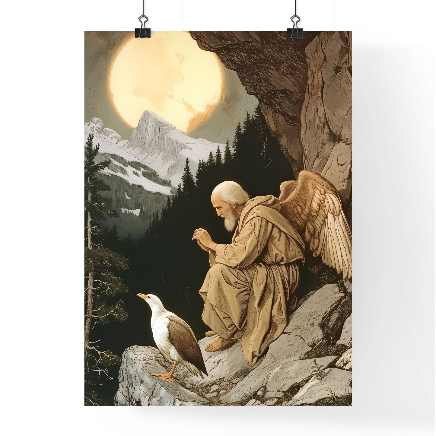 Saint - Art print of a painting of a man with wings sitting on a rock with a bird in front of him Default Title