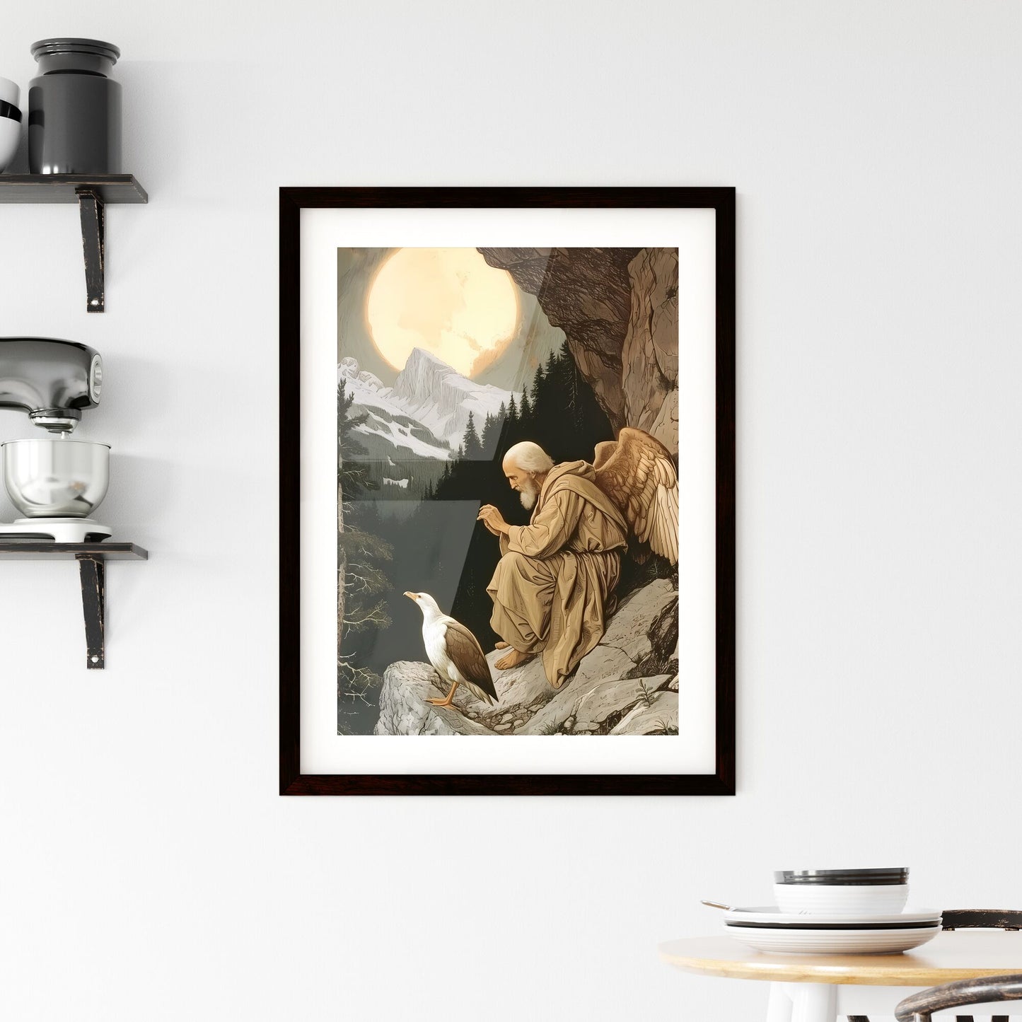 Saint - Art print of a painting of a man with wings sitting on a rock with a bird in front of him Default Title