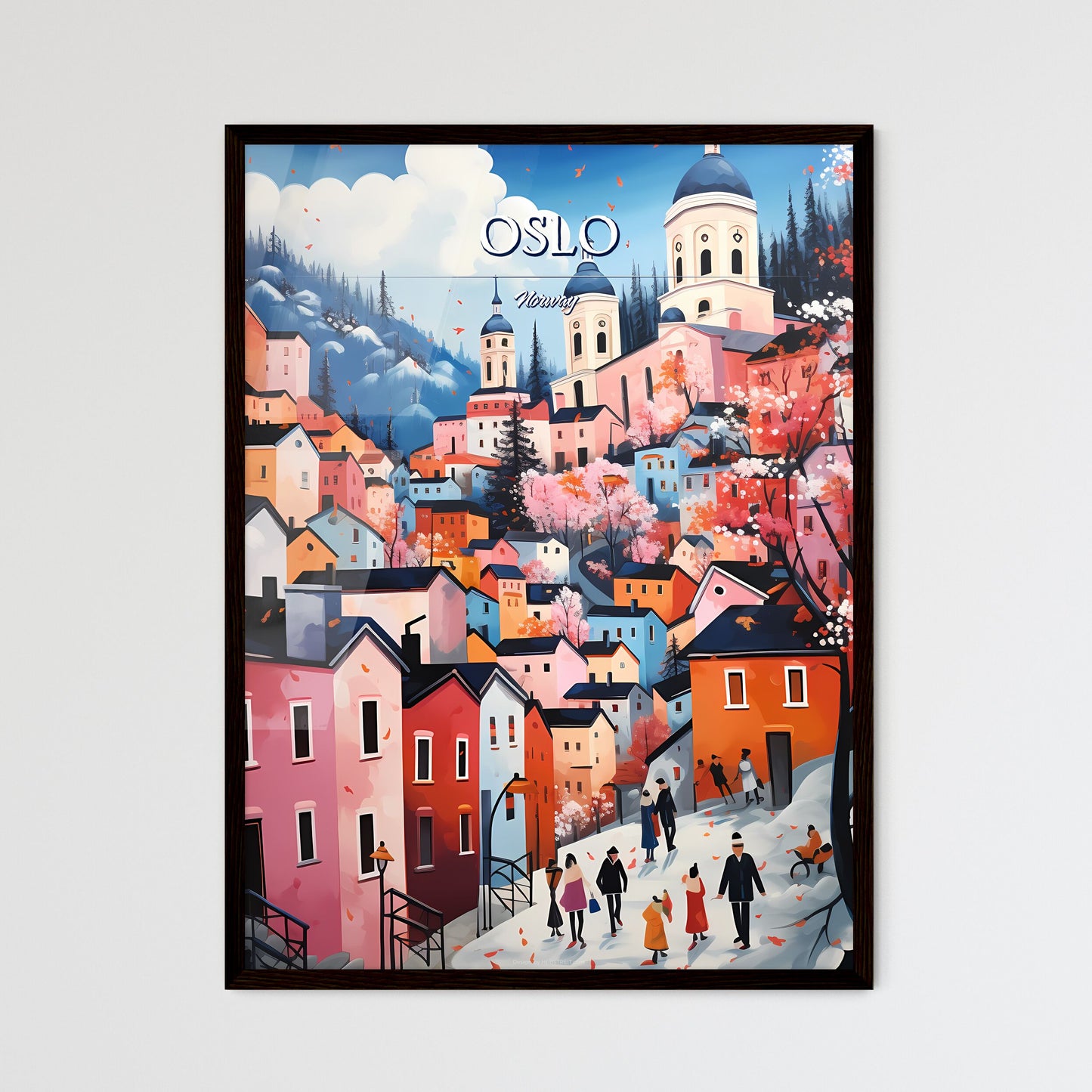 Oslo, Norway - Art print of a painting of a town with people walking on a snowy hill Framed Art