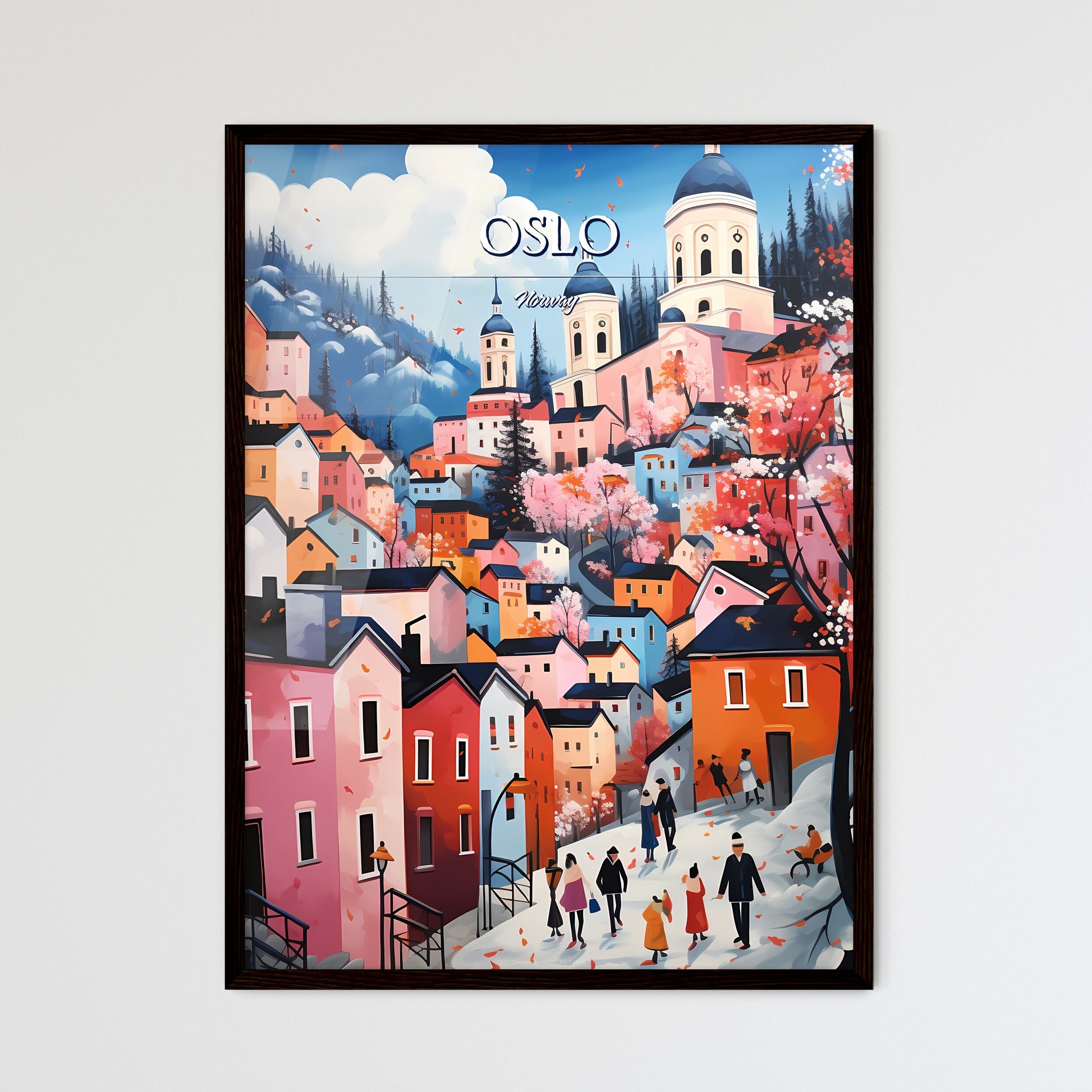 Oslo, Norway - Art print of a painting of a town with people walking on a snowy hill Framed Art
