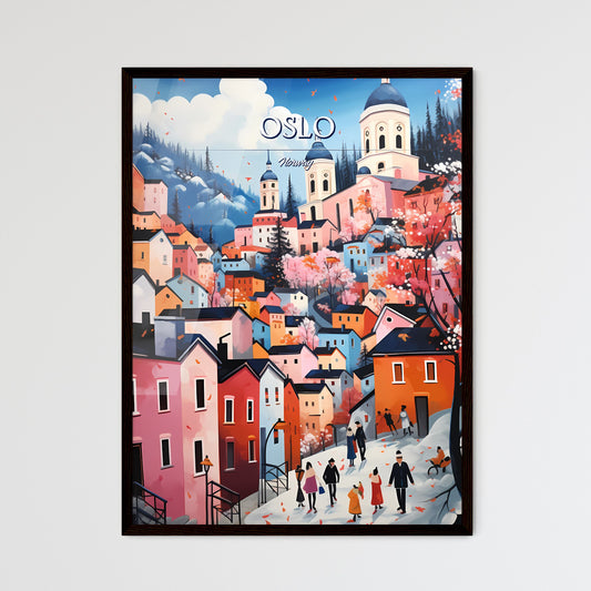 Oslo, Norway - Art print of a painting of a town with people walking on a snowy hill Framed Art