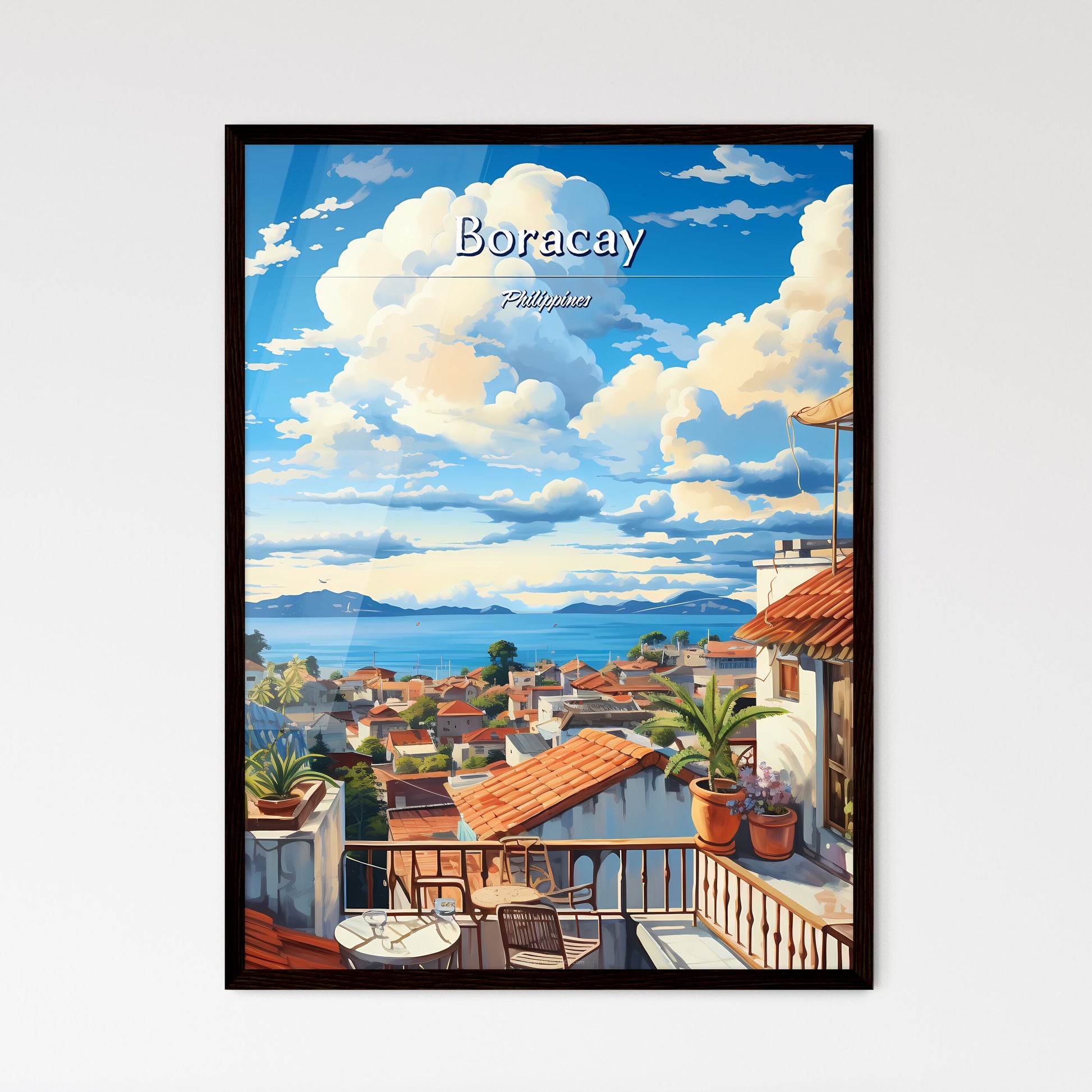 On the roofs of Boracay, Philippines - Art print of a balcony overlooking a city Framed Art