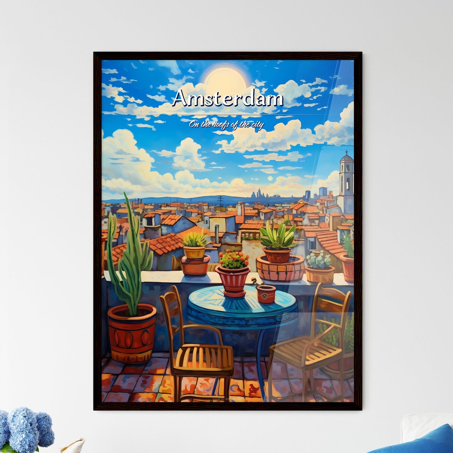 On the roofs of Amsterdam - Art print of a table and chairs on a rooftop with potted plants Framed Art