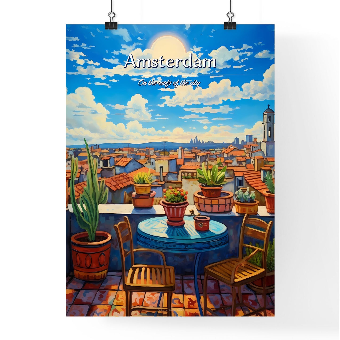 On the roofs of Amsterdam - Art print of a table and chairs on a rooftop with potted plants Default Title