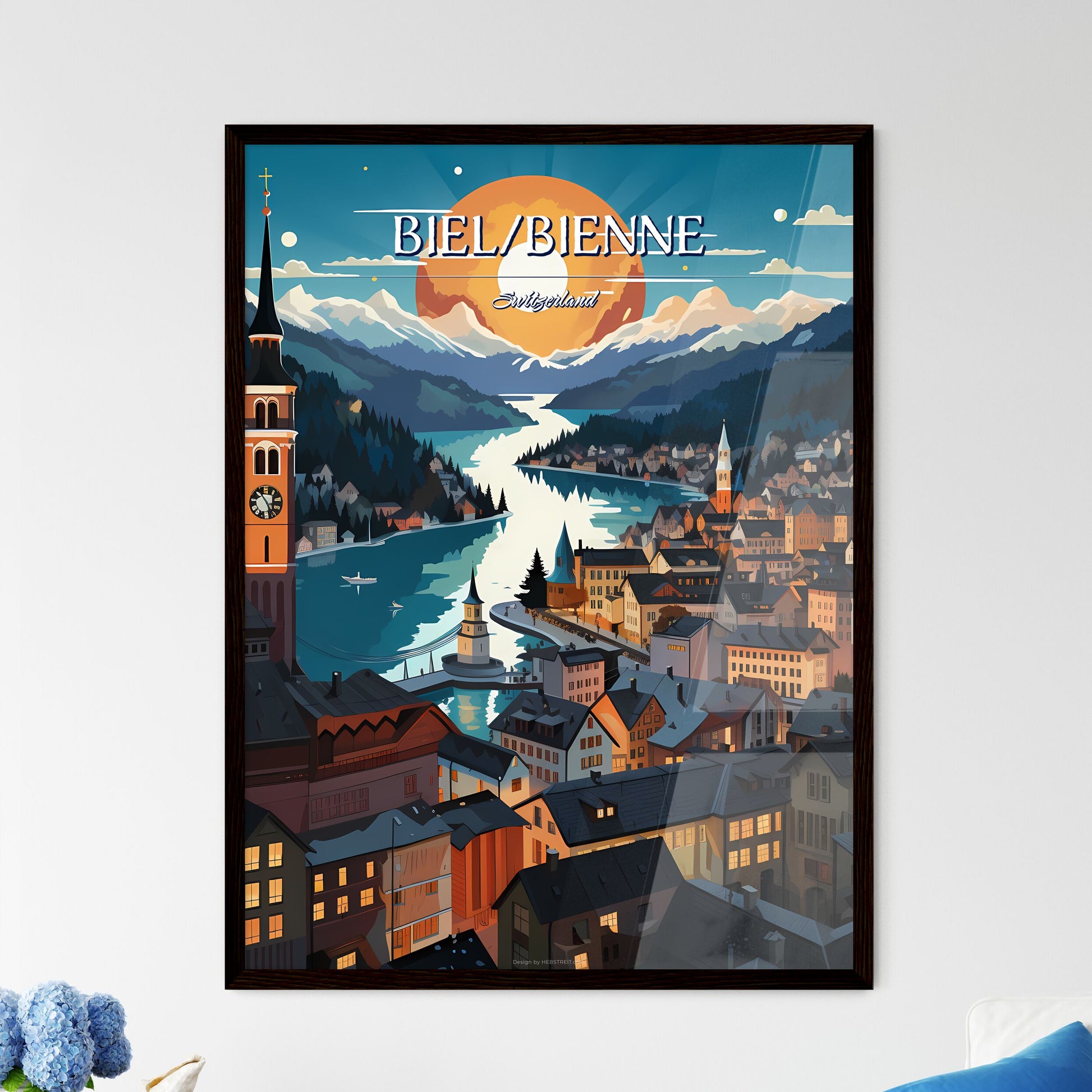 Biel/Bienne, Switzerland - Art print of a city with a river and mountains in the background Framed Art
