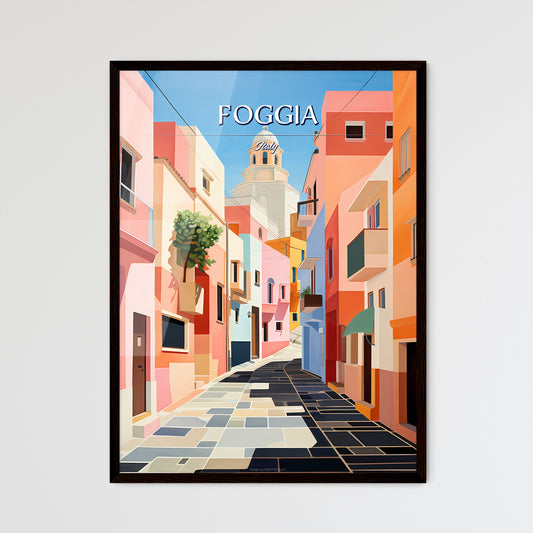Foggia, Italy - Art print of a colorful street with buildings and a tower Framed Art
