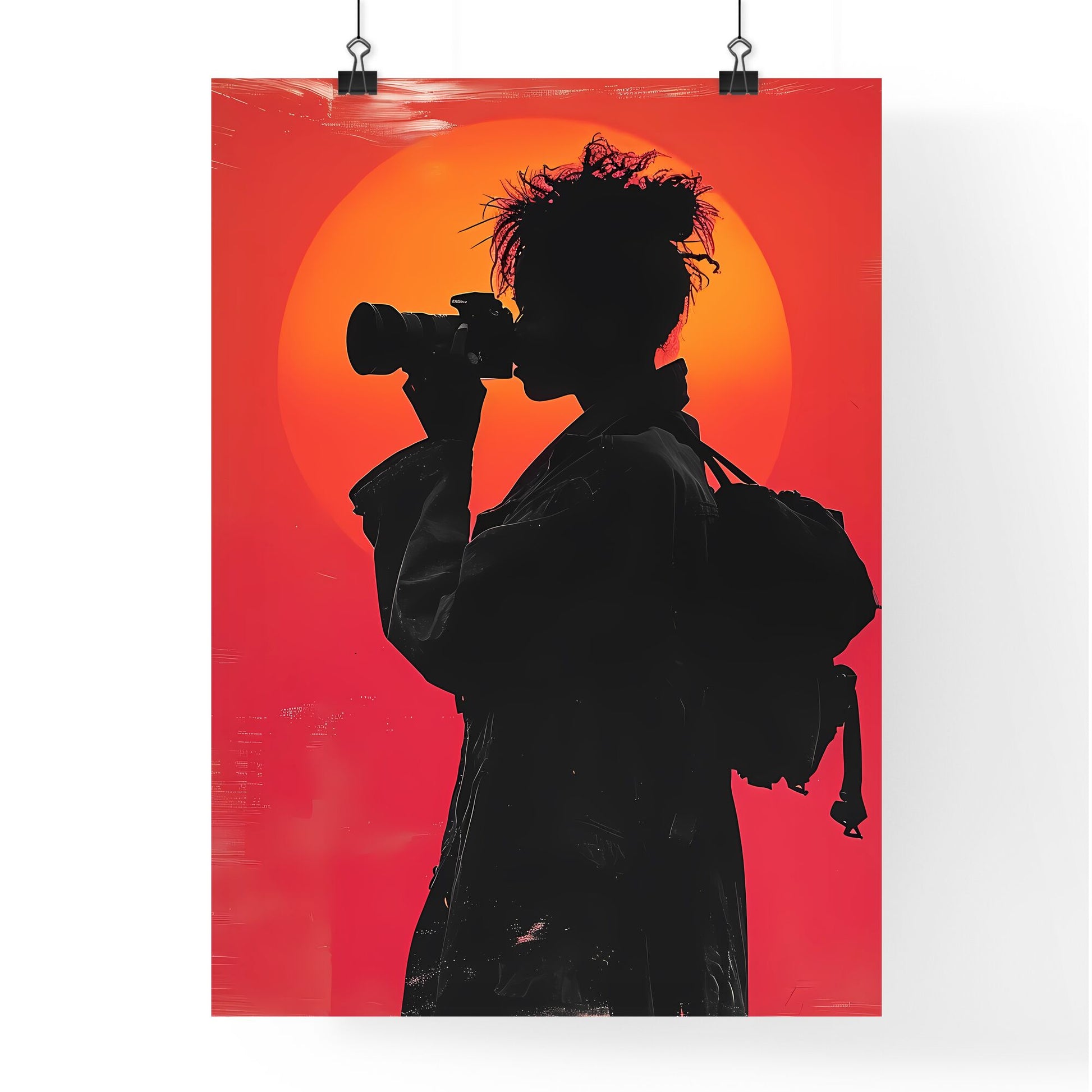 A trendy young person records - Art print of a silhouette of a woman holding a camera Default Title