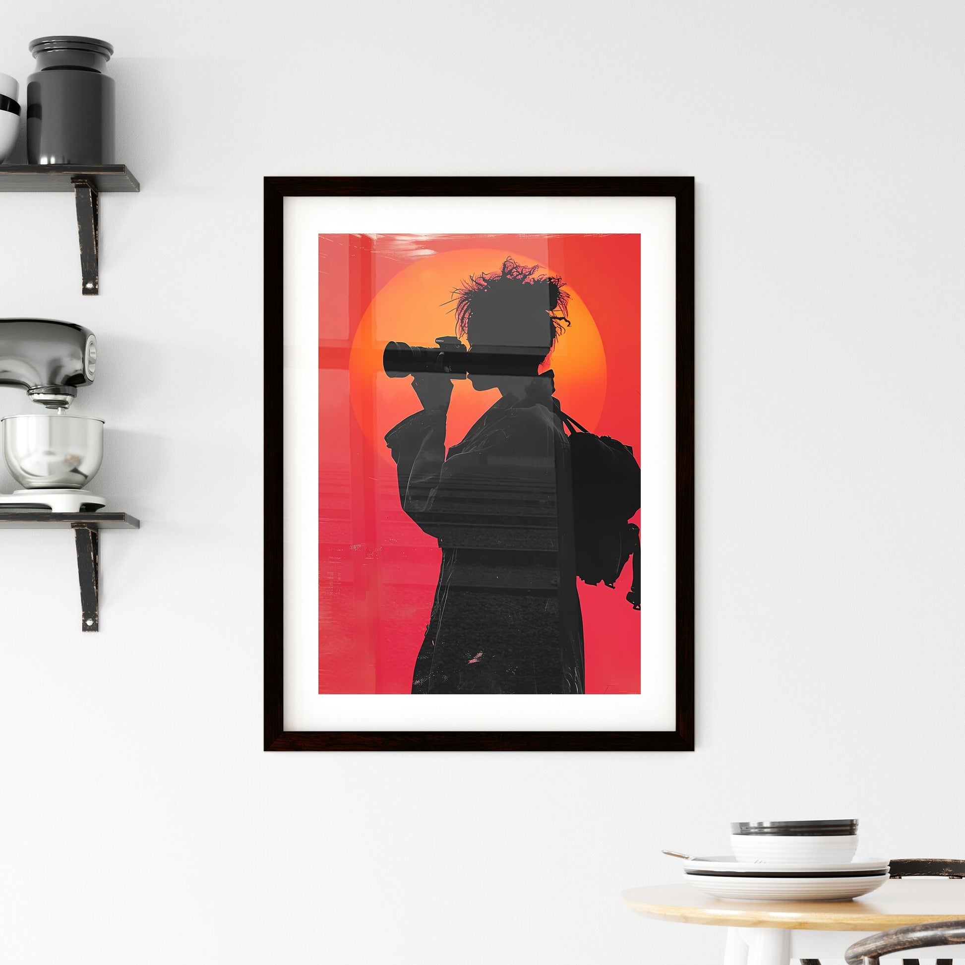 A trendy young person records - Art print of a silhouette of a woman holding a camera Default Title