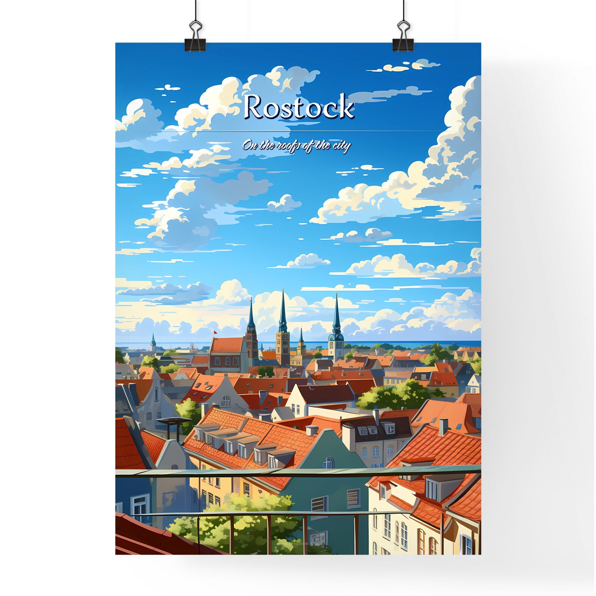 On the roofs of Rostock - Art print of a city with red roofs and blue sky Default Title