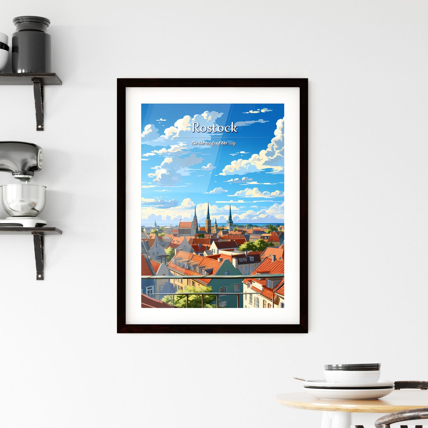 On the roofs of Rostock - Art print of a city with red roofs and blue sky Default Title