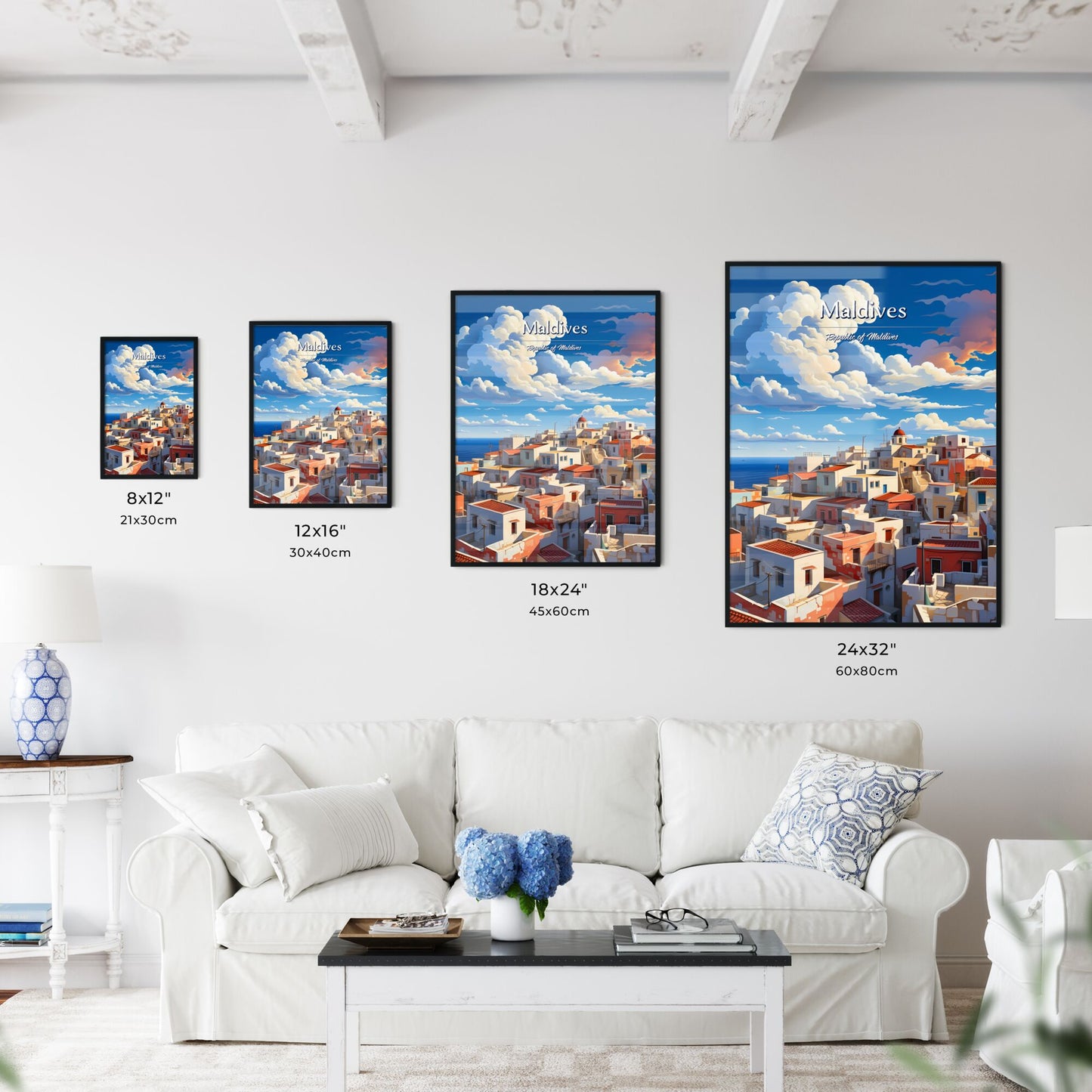 On the roofs of Maldives, Republic of Maldives - Art print of a group of buildings with red roofs and blue sky with clouds Default Title
