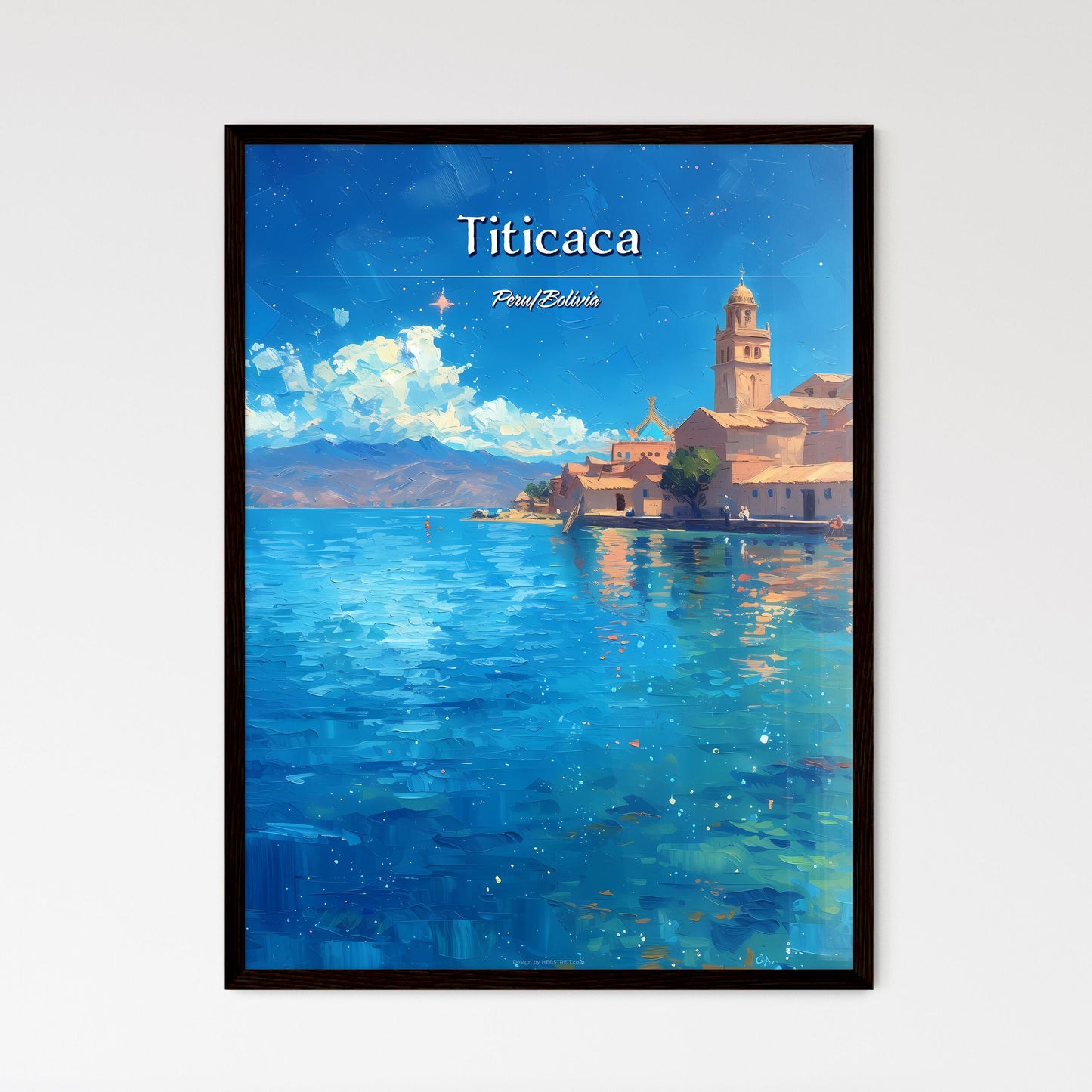 Titicaca, Peru/Bolivia - Art print of a city next to a body of water Framed Art
