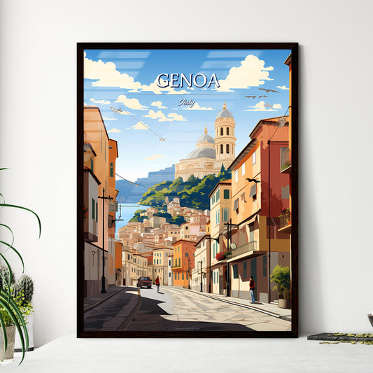 Genoa, Italy - Art print of a street with buildings and a church in the background Framed Art