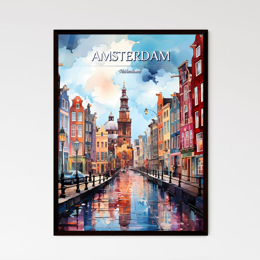 Amsterdam, Netherlands - Art print of a watercolor painting of a street with buildings and a church Framed Art