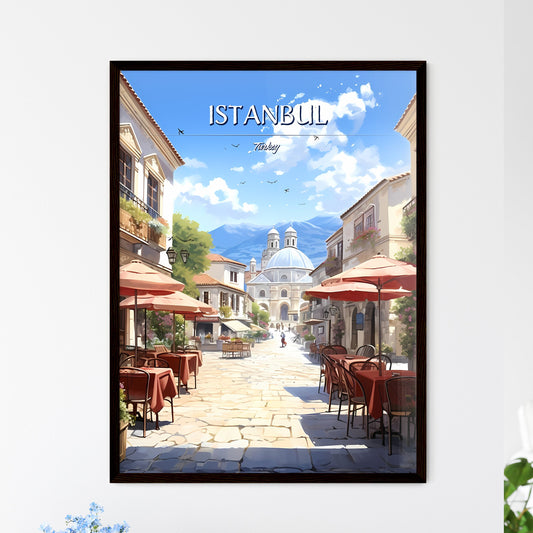 Istanbul, Turkey - Art print of a street with tables and umbrellas in a town Framed Art