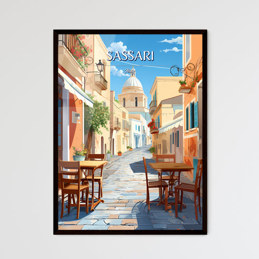 Sassari, Italy - Art print of a street with tables and chairs Framed Art