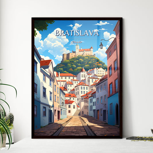 Bratislava, Slovakia - Art print of a street with buildings and a castle on top Framed Art