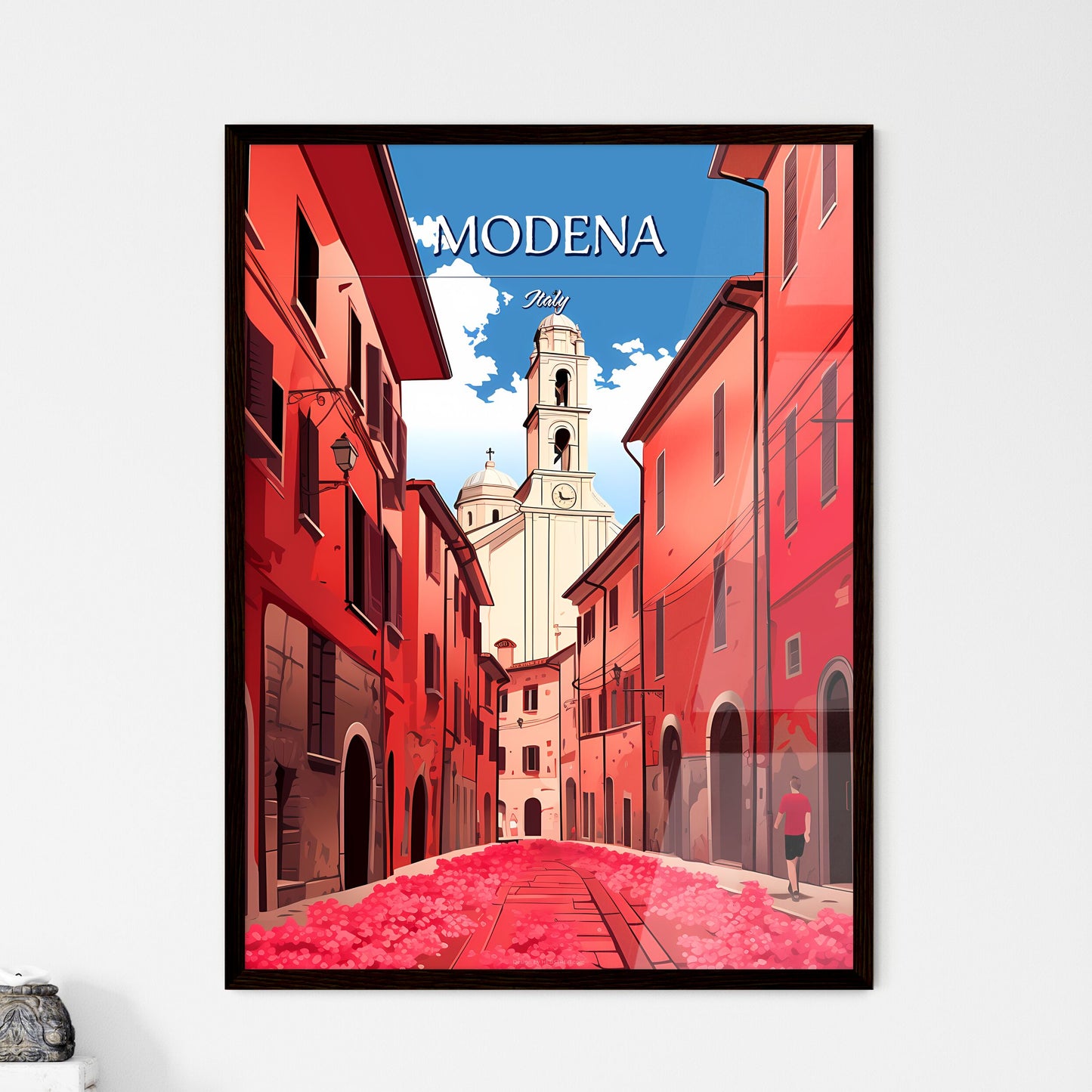 Modena, Italy - Art print of a person walking down a street with a church in the background Framed Art
