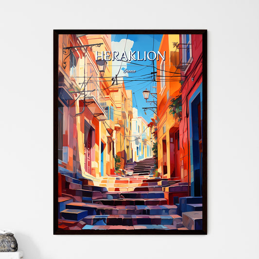 Heraklion, Greece - Art print of a colorful alley with stairs and buildings Framed Art