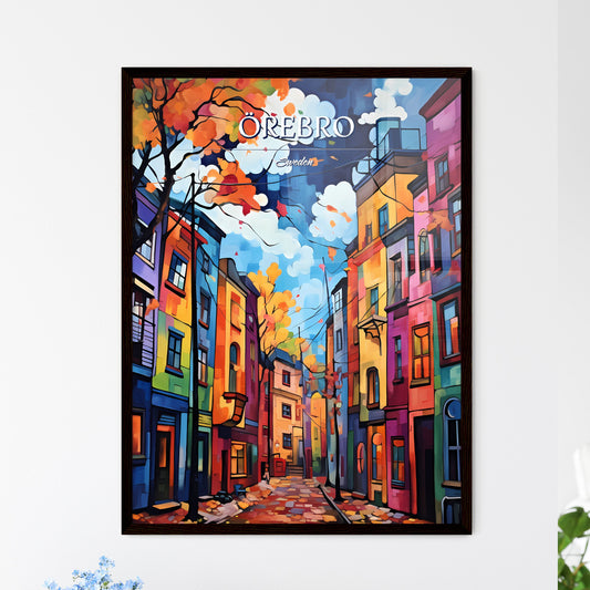 Örebro, Sweden, - Art print of a painting of a street with colorful buildings Framed Art